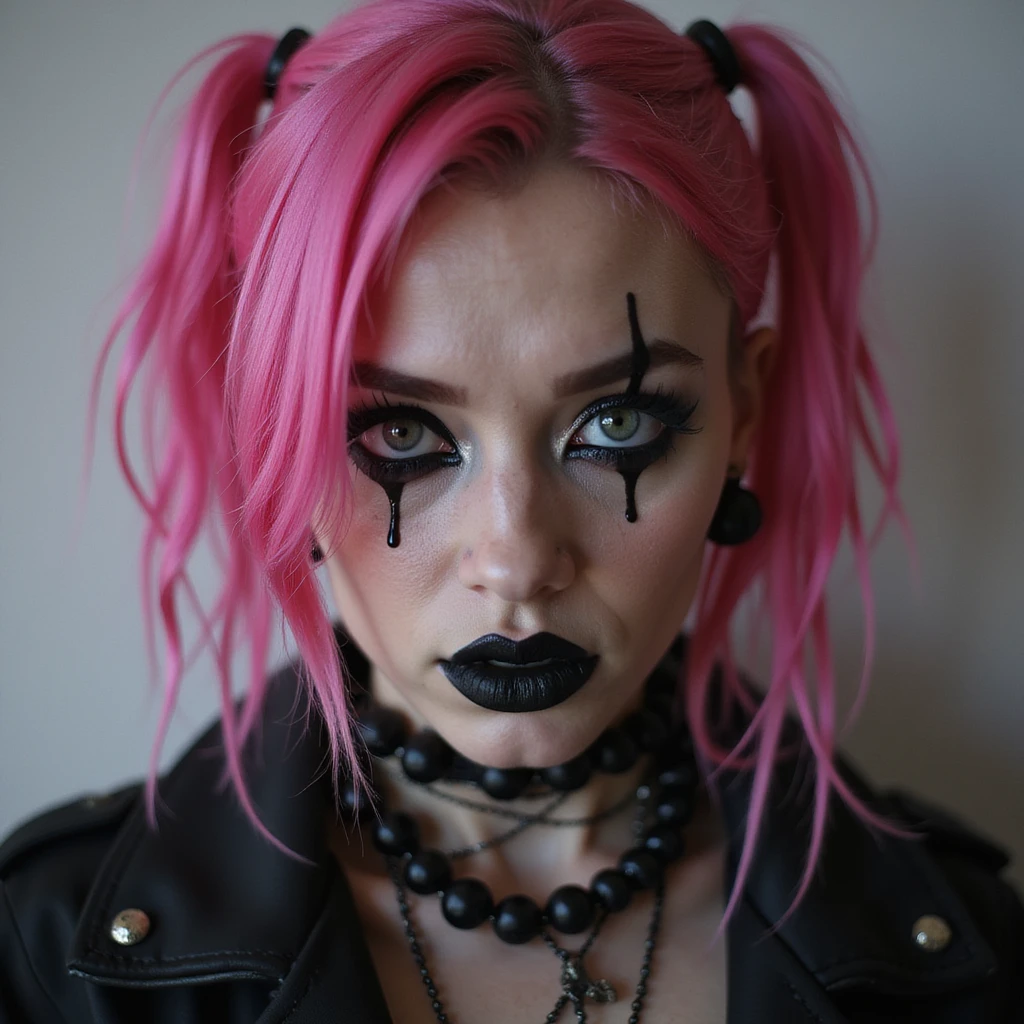 BLACKPINK inspired goth emoji, photorealistic style, black lipstick, black contact lenses, dark background, mysterious vibe, pink punk outfit emoji