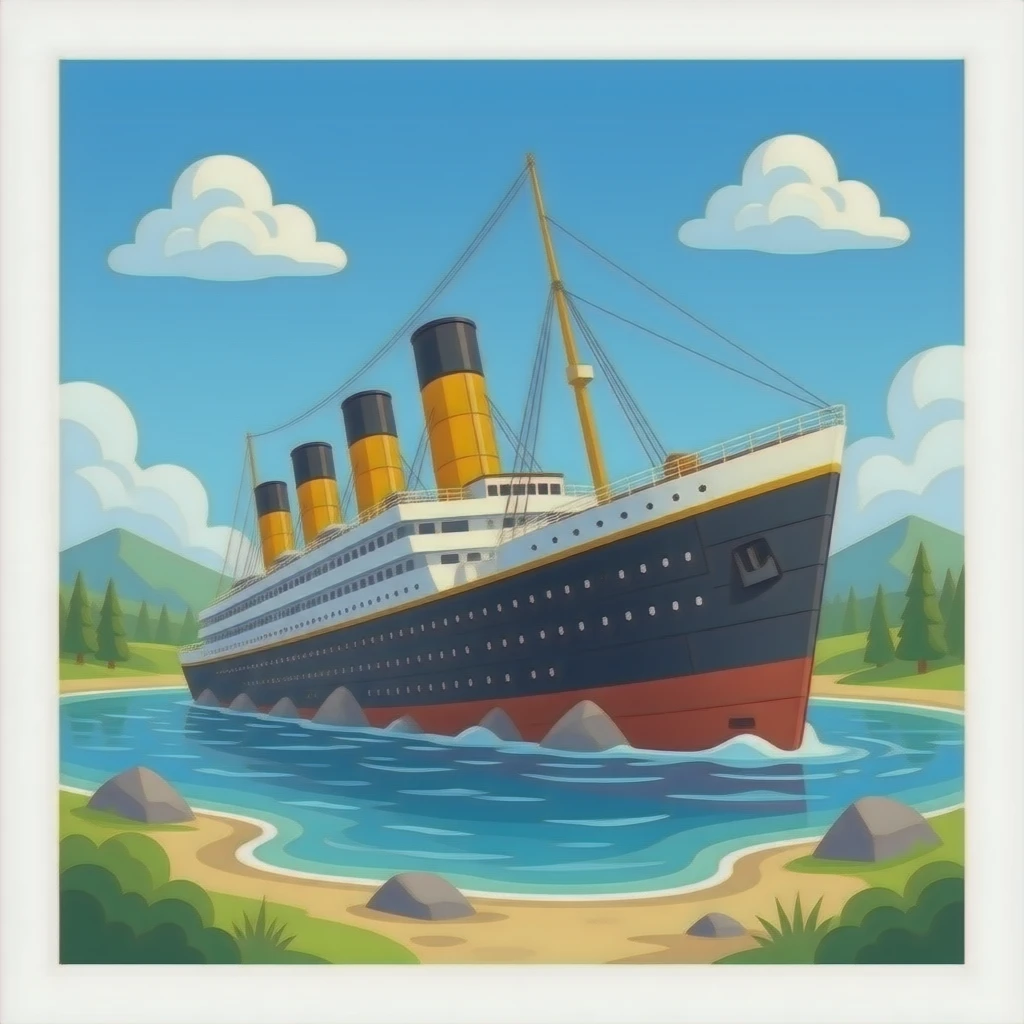 The sunken ship Titanic floats above a shallow pool of water emoji