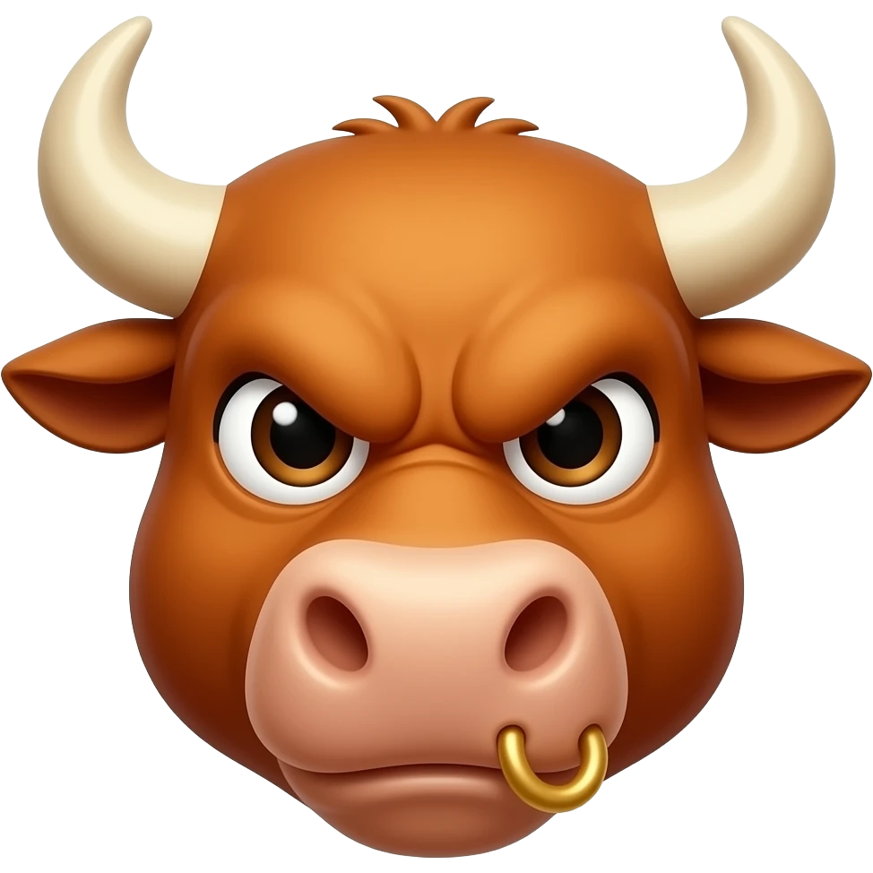 Bull's Tavern: 3D emoji style, glossy surface, soft shadows, white background, centered, no text, angry bull character, friendly smirk, amber color, small gold nose ring, no defined gender emoji