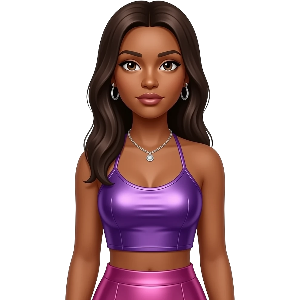 Melody Thornton with  dark skin, dark brown eyes, long brown straight hair, purple metallic halter crop top, pink metallic long skirt, necklace and earrings emoji