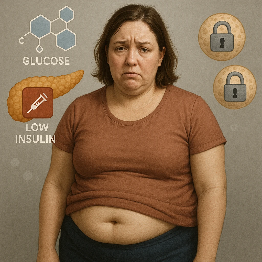 Realistic late 30s woman, slightly overweight, fat accumulation on abdomen and face, in a neutral environment. Expression tired and frustrated. Around: stylized pancreas with low insulin icon, glucose molecules, cells with closed padlocks. Realistic style with medical symbolic elements. emoji