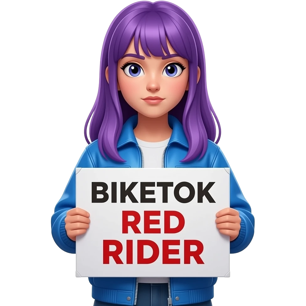 girl with long purple hair with a BIKETOK RED RIDER sign emoji