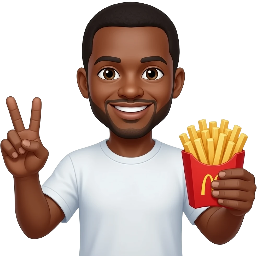 A black man smiling holding up the peace sigh and holding up fries in the other hand emoji