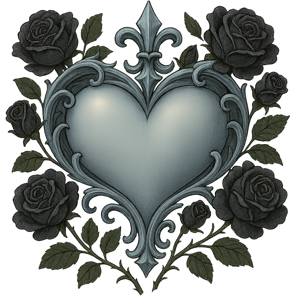 Add black gothic roses around the silver goth heart, keep the Ghibli style, no background emoji