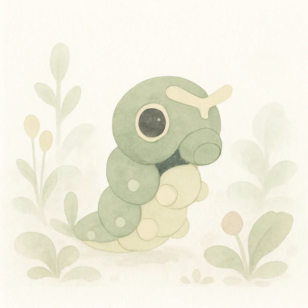 Caterpie in a watercolor garden, soft watercolor style emoji
