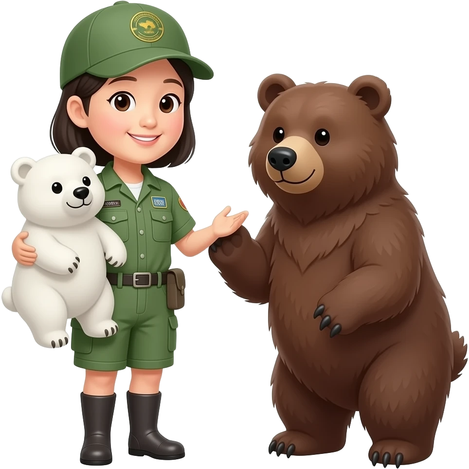 korean woman with zookeeper outfit for one white bear and one grizzly bear (two bears of the same height) affectionate to the zookeeper emoji