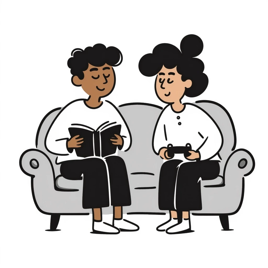 two brown-skinned teens sitting on a couch, hand drawn doodle style emoji