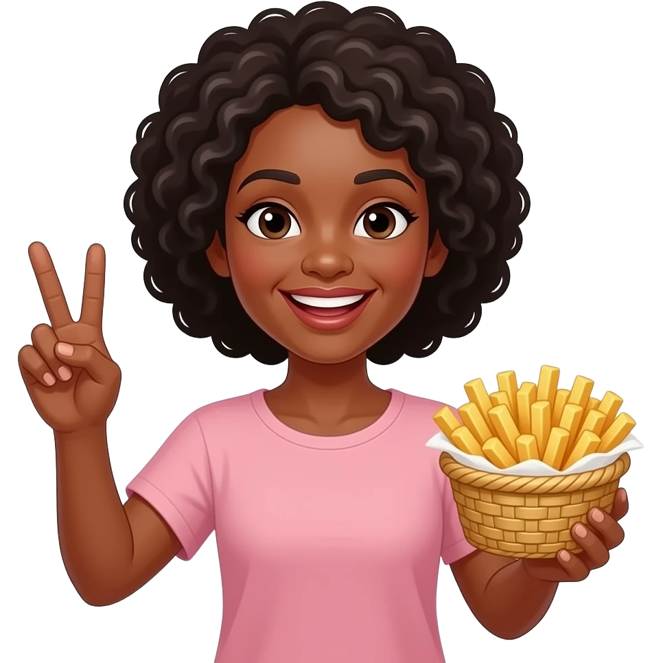 A black women smiling holding up the peace sigh and holding up fries in the other hand emoji