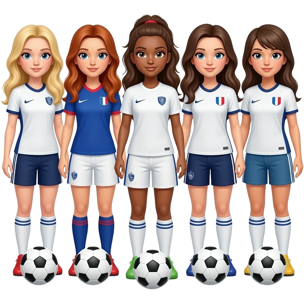 A team of 7 women playing soccer in France : one with long blond hair and white skin, one with auburn long hair and white skin, one with caramel-colored skin and chestnut hair, two with chestnut long hair and white skin, two with brown middle hair and white skin emoji