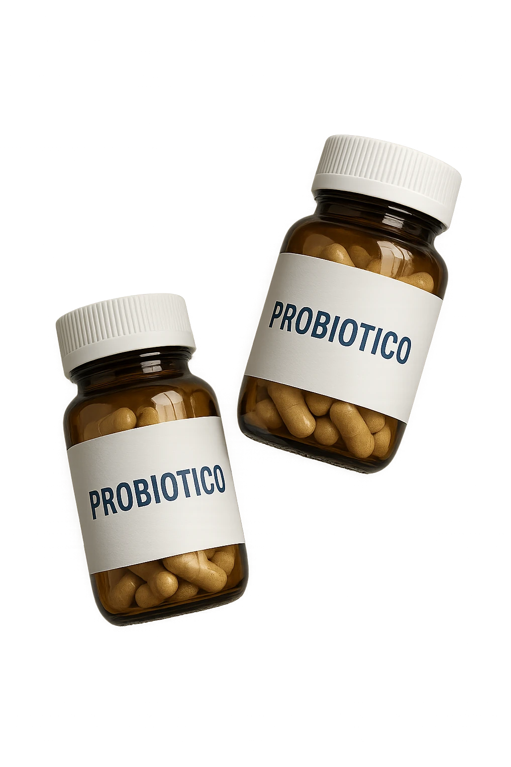 due boccette di integratori con la scritta "PROBIOTICO" SULL'ETICHETTA, FLUTTUANO IN ARIA, realistica 4k emoji