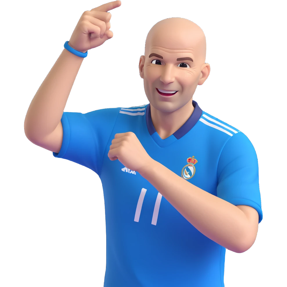 Zinedine Zidane, 3D emoji style, bald, blue football shirt, celebrating, cheerful face emoji
