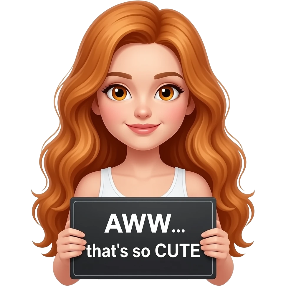 sexy girl with long wavy ginger hair and ginger eyes wearing a white tanktop is holding a black colored sign with AWW... that's so CUTE written on it emoji