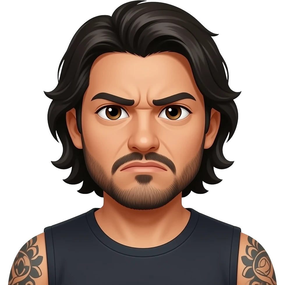 A really sad but angry Latino husband with medium length hair and beard and tattoos found out his wife was cheating on him with a bald, red bearded guy, and his wife is beautiful with hazel eyes and shoulder length brown hair and their relationship is broken emoji