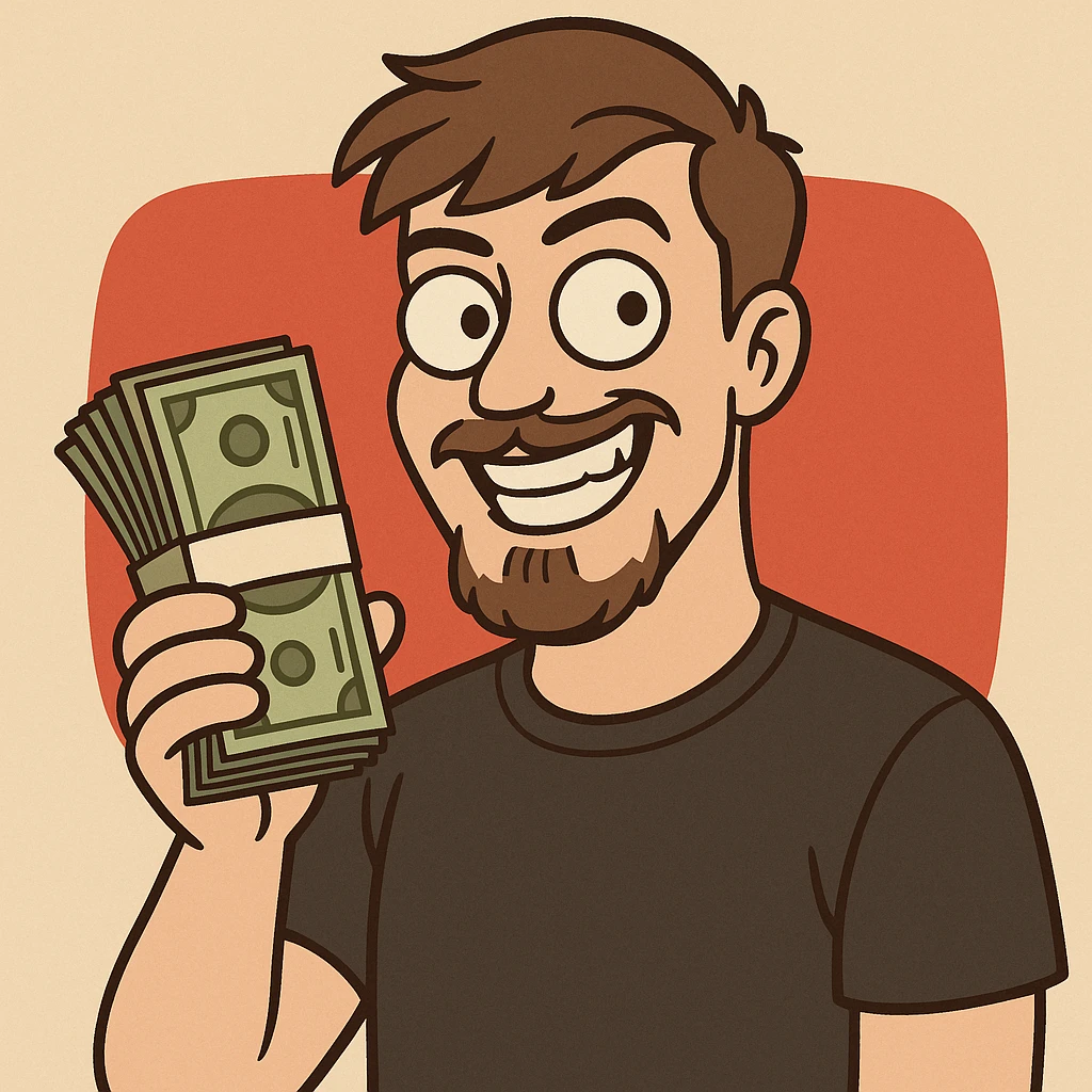 MrBeast holding a stack of money, playful grin, cartoon style, YouTube background emoji