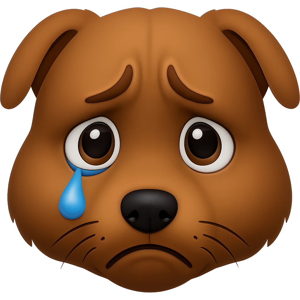 Create an emoji style image of a dog with an even sadder look, furrowed eyebrows, large round eyes with a tear, and a very sad expression. The background should be transparent. The style should resemble apple style emojis with concise details. emoji
