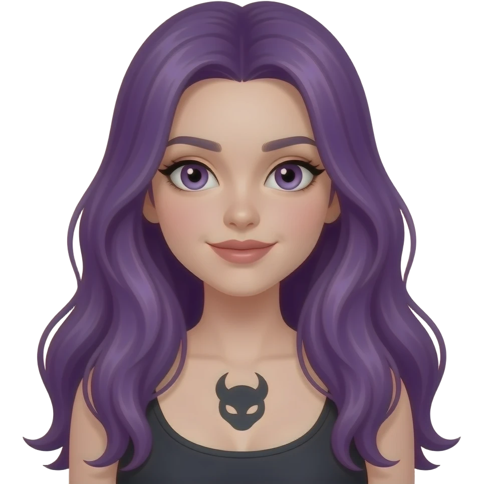 girl with long purple hair with a DEVIL sign emoji