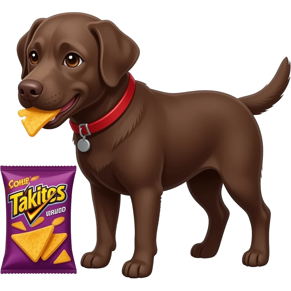 Chocolate Labrador, dog eating Doritos and Takis emoji