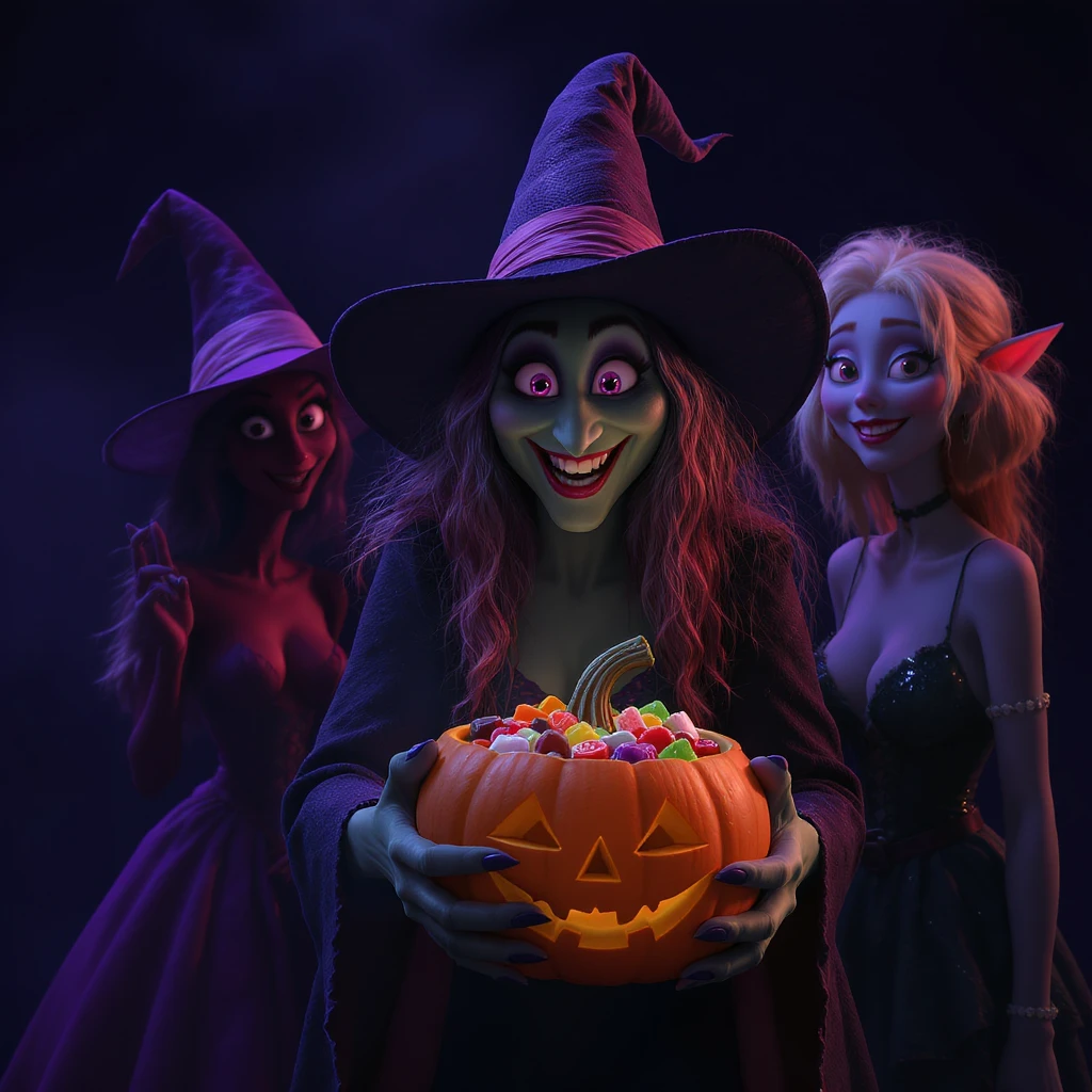 Cinematic still, Happy witch holding pumpkin bowl full of candies, triadal character placement, dark blue color background, back light, Film inspired by Hotel Transylvania, purple light emoji