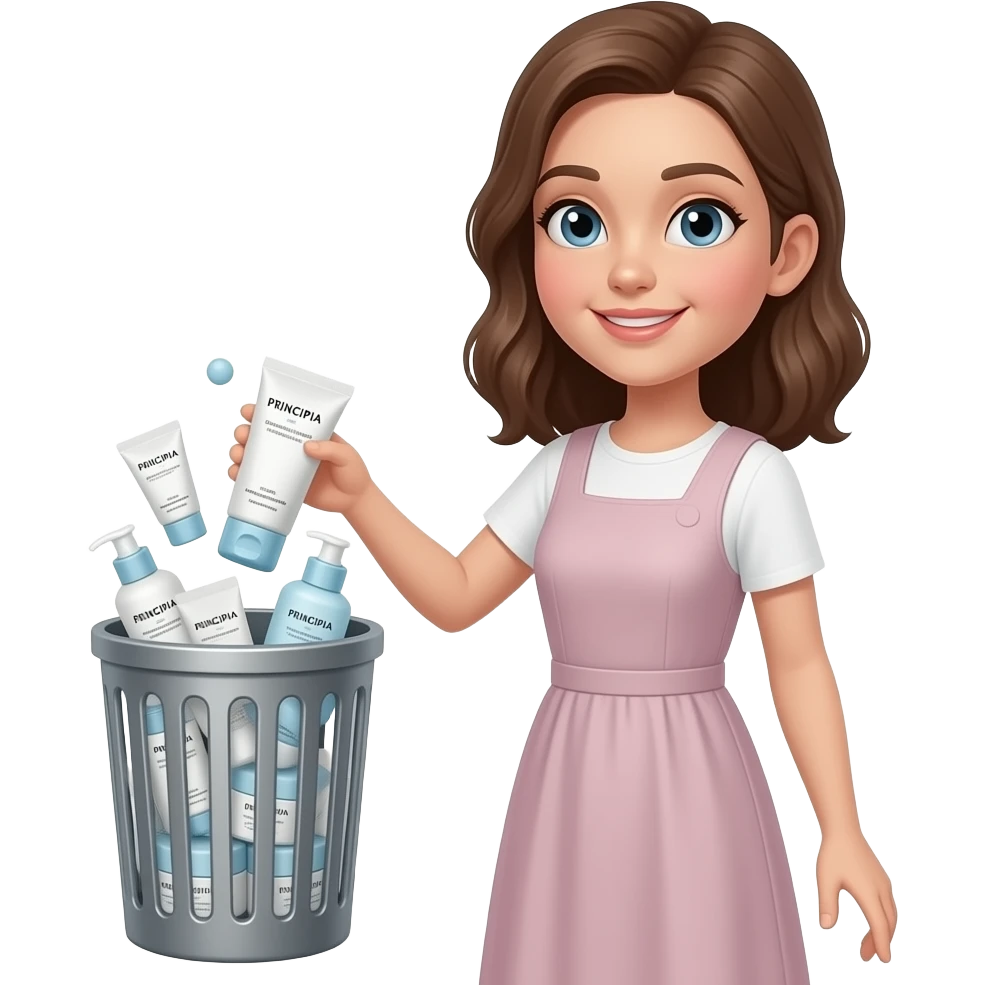 A menina jogando skincare no lixo e o nome da skincare é PRINCIPIA emoji