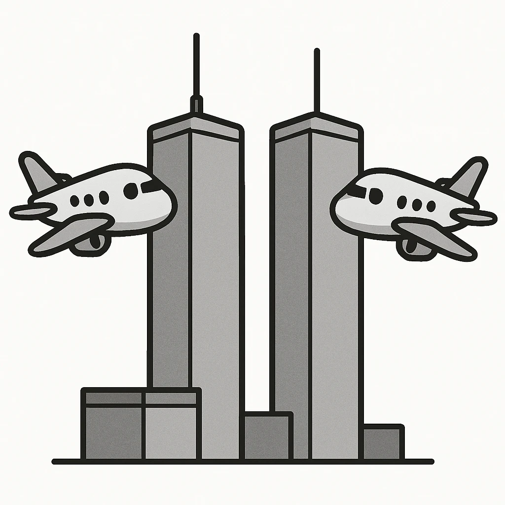 twin towers avec deux avions s'approchant, style minimaliste, couleurs neutres, pas de fumée ni de feu, ambiance neutre emoji