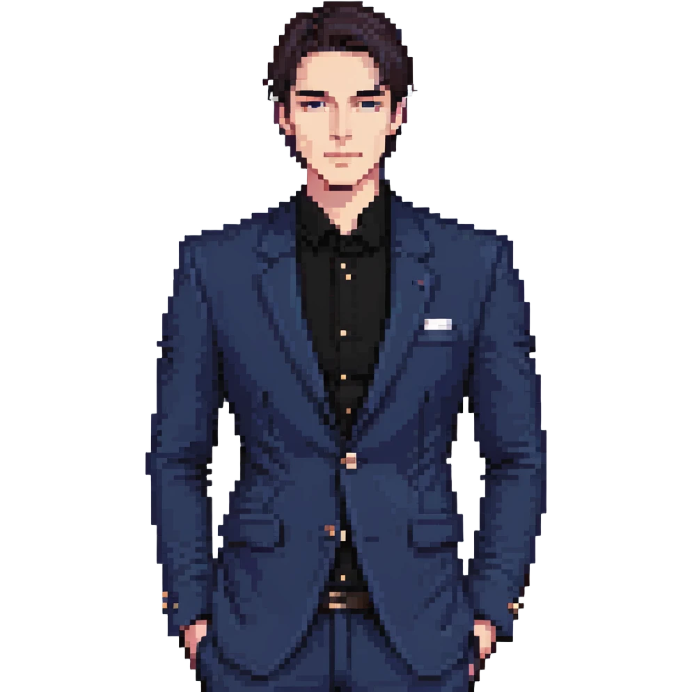 Flat pixel art, focused and reserved male thinker, fair skin, short sleek dark hair, intense sharp eyes, wearing a deep indigo suit jacket over a black shirt, left hand thoughtfully touching chin, waist-up, front-facing emoji