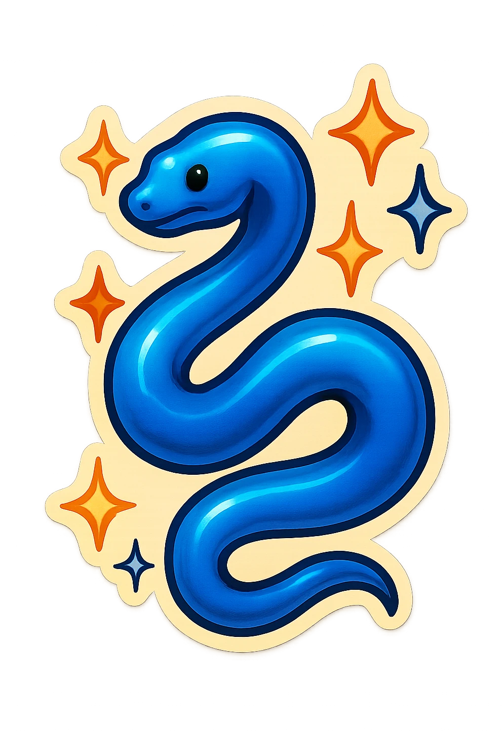 blue snake with stars around it, retro sticker style emoji