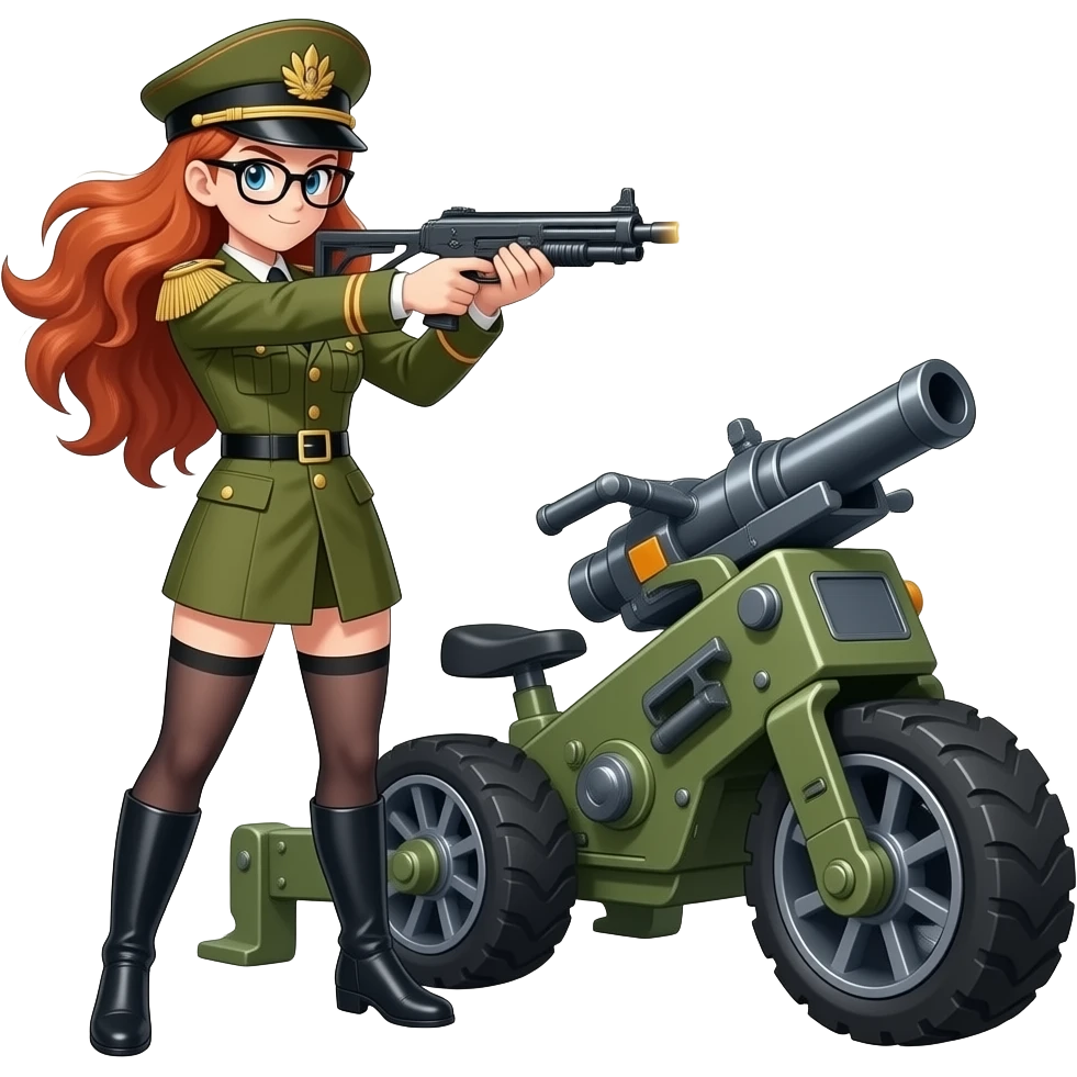 brown bushy auburn haired female android 21 from dragon ball fighterz are wear black glasses with defense general dress have shoot with two wheeler artillery cannon target on enemy emoji