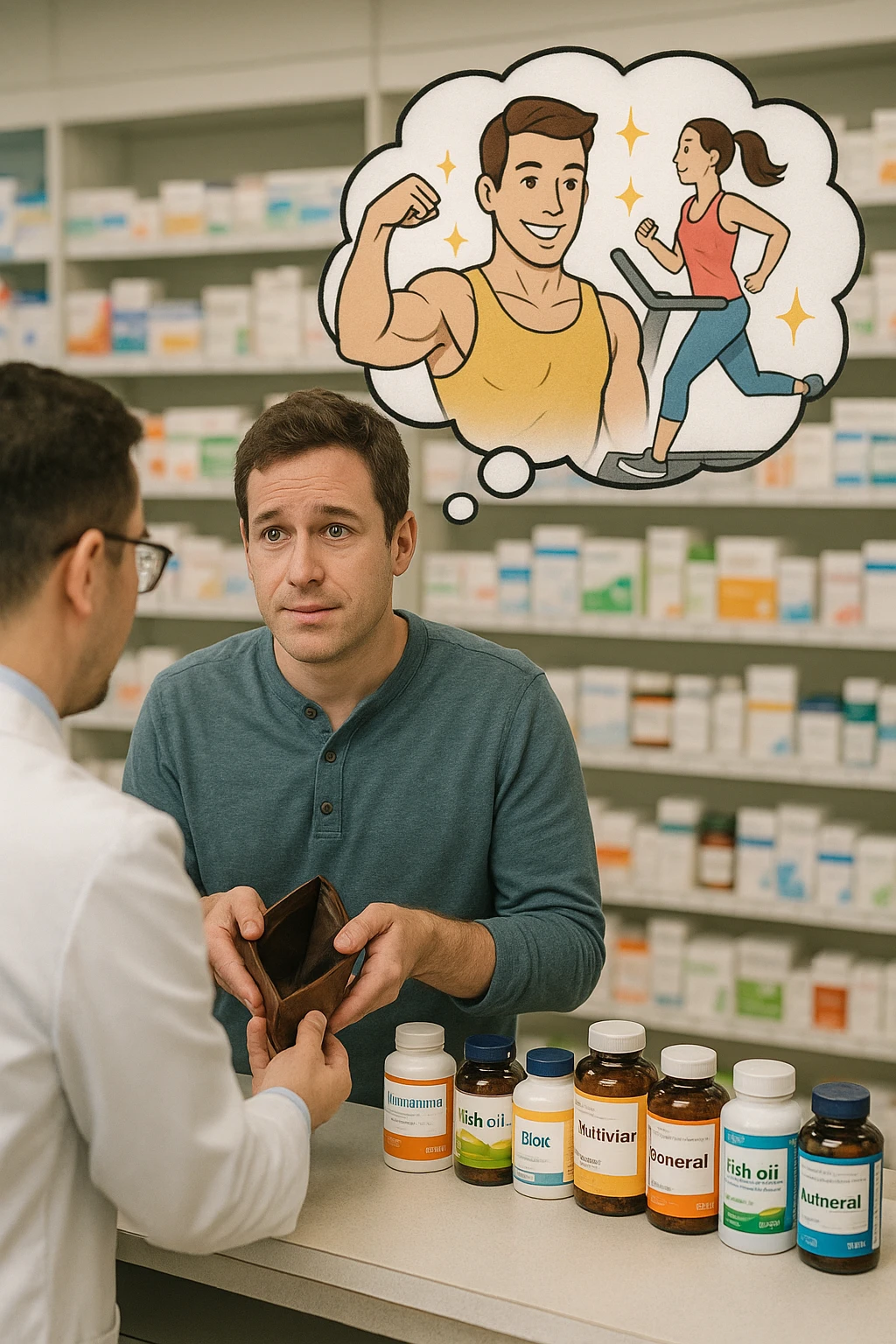 a man stands at a pharmacy counter, handing over a nearly empty wallet to the cashier while the counter is filled with bottles of supplements and vitamins. His expression is hopeful but slightly anxious. In the background, a thought bubble shows exaggerated images of instant health and fitness, symbolizing unrealistic expectations.  in italiano super realistica emoji