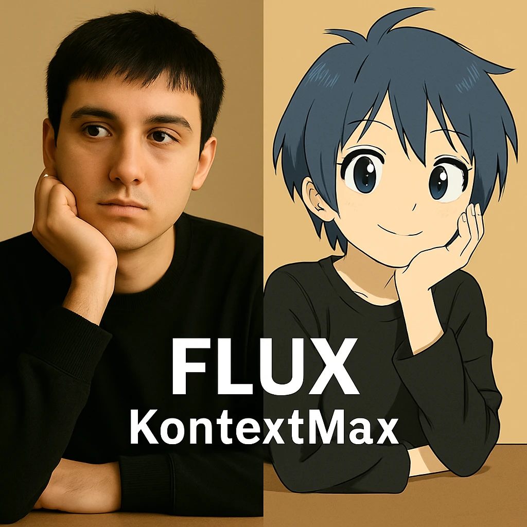 same similar image but chnage the text to "Flux Kontext Max", change people and pose too emoji