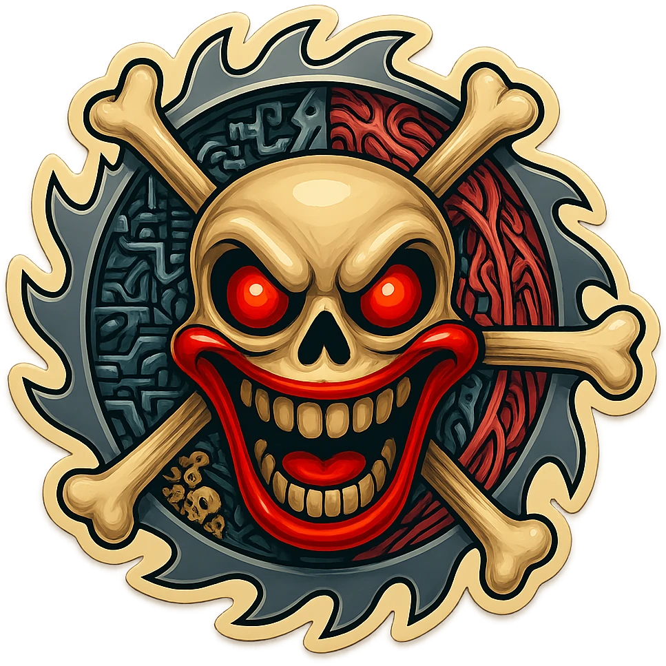 Transform the skull in the sawblade and crossbones image to have the same evil clown skull features as the reference: exaggerated red eyes, wide sinister grin, clown-like red mouth, and menacing expression. Keep all other elements (sawblade, crossbones, mechanical and organic details) inside the image borders, in retro sticker style, bold outlines, vibrant colors. emoji
