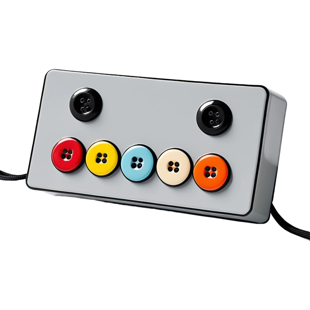 Gray rectangular button box with black cord and four multicolored small circle buttons emoji