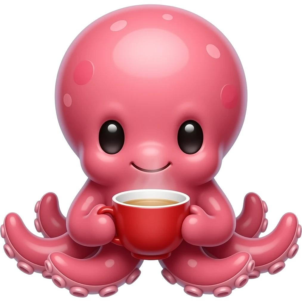 Cute octopus sitting low, holding a red teacup, front-facing whimsical pose emoji