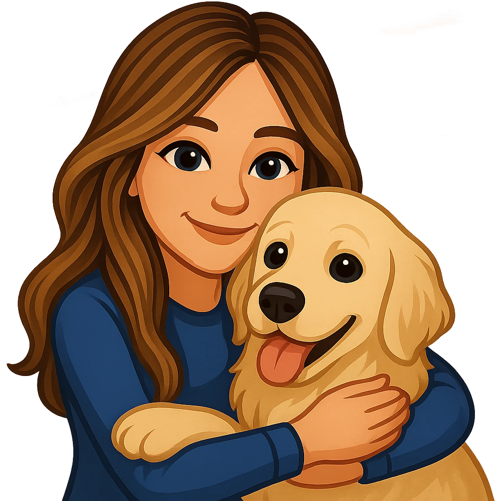 Create an emoji style image of a 20-year-old dirty blonde woman with brown highlights in her long hair and dark blue eyes, hugging an English cream golden retriever. The background is a warm sunset, and the scene is affectionate and playful. emoji