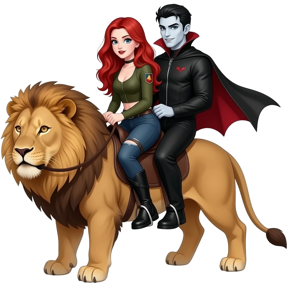 Vampiro adolescente femmina con pelle bianca e capelli rosso ondulati lunghi che indossa dei jeans neri a zampa d' elefante e un top stretto con le maniche lunghe stile militare che cavalca un leone con suo fratello VAMPIRO maschio con la pelle bianca e una tuta nera che cavalcano insieme emoji