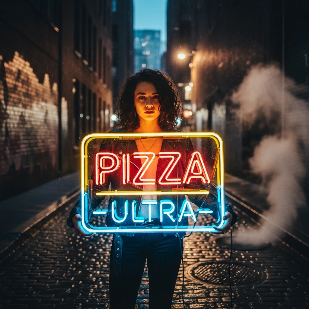 make a girl holding this sign, but sign in made of neon, also add ultra below the sign emoji