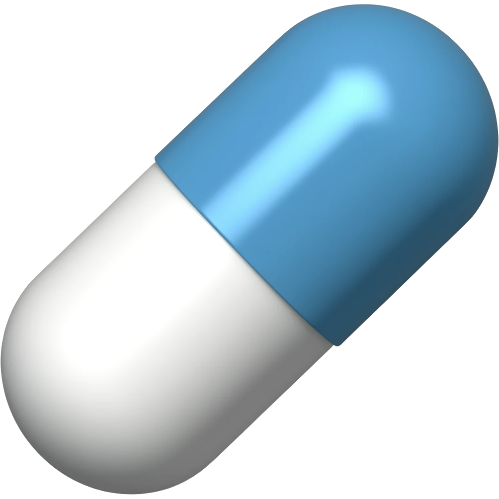 A pill emoji where one of the colors is white and the other is blue. the pill is tilted to the left emoji