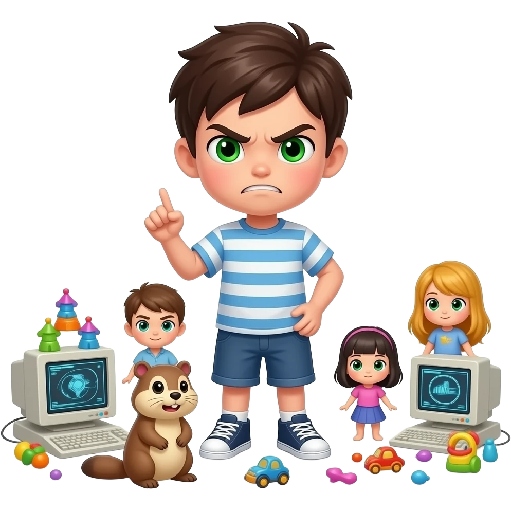 Angry Teenage boy Green eyes surrounded by toys and smala dolls, computers, stars, around and foot on  hurt marmotte emoji