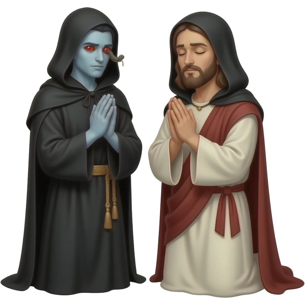 A full bodied evil man standing near by, pale  skin, red serpent eyes, slim black slit pupils, wearing a black hooded robe from biblical times trying to tempt Jesus as he prays on his knees, eyes closed in the middle of the wilderness emoji