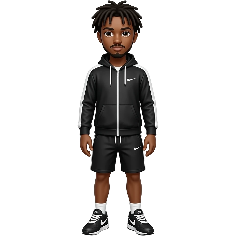 A tall black teenager boy with dreads and mustache whole body with black and white Nike techcloths and Nike shoes emoji