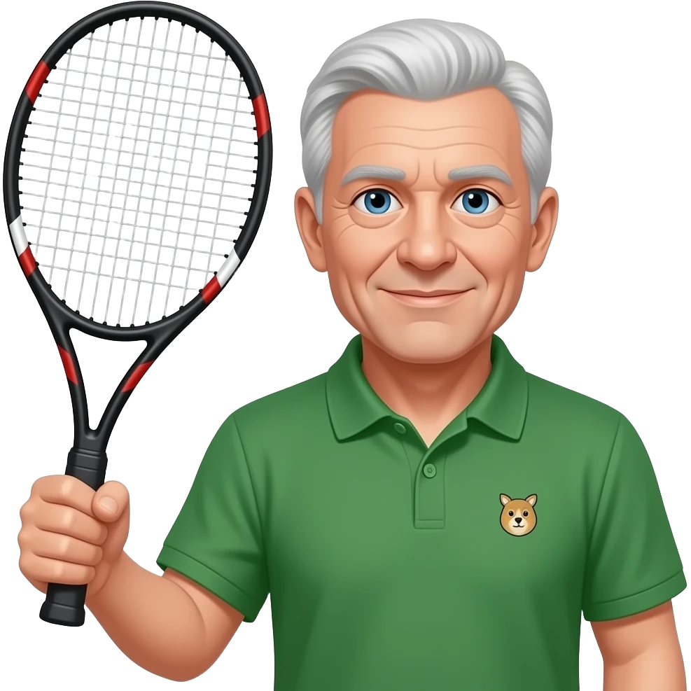 older man, no dimples in face, tennis racket in right hand, green bottle polo with small animal logo, blue eyes, little hair all over, dimples emoji