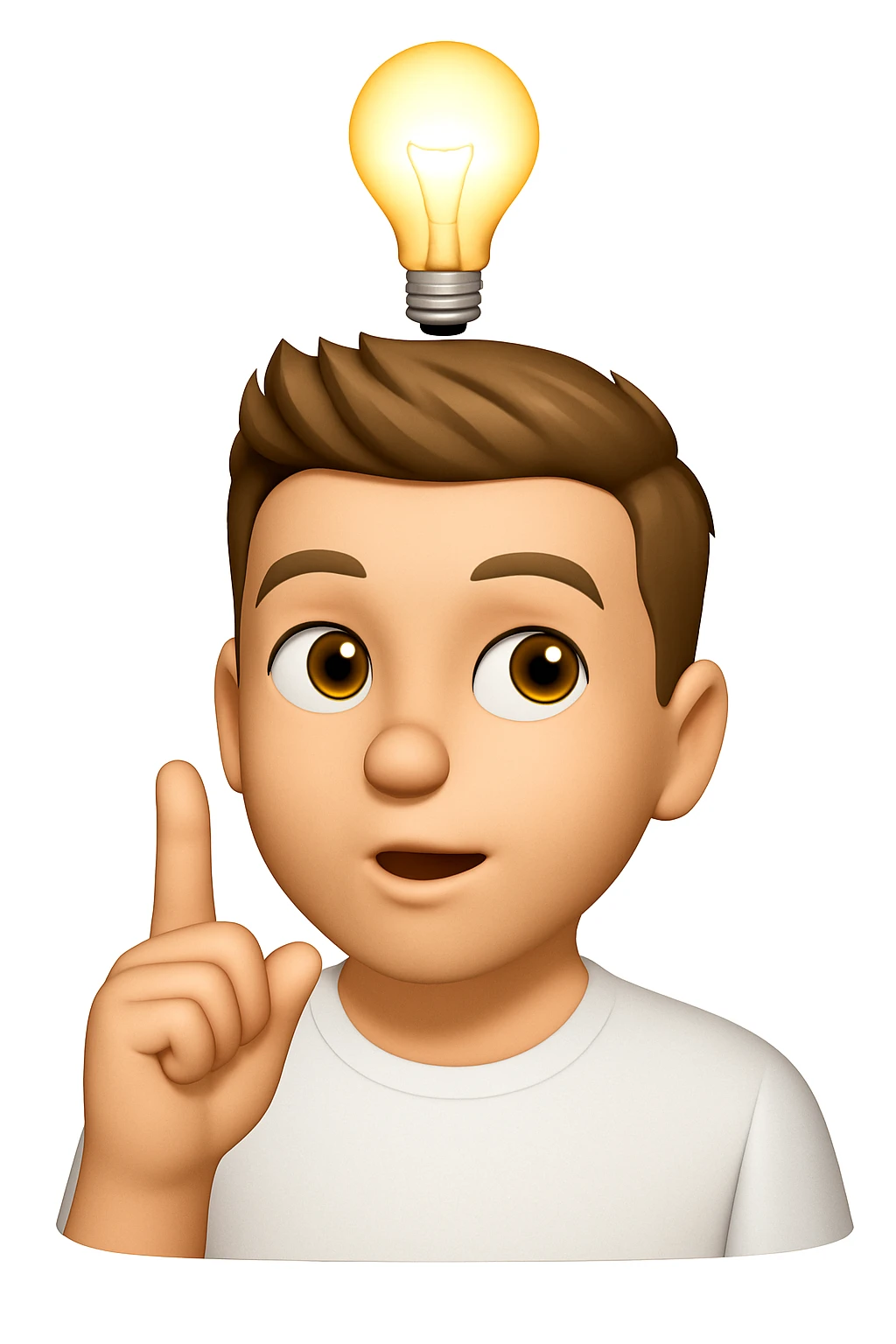 Based on these photos, make an emoji with facial features preserved, man in white t-shirt, got an idea, light bulb over head

 emoji