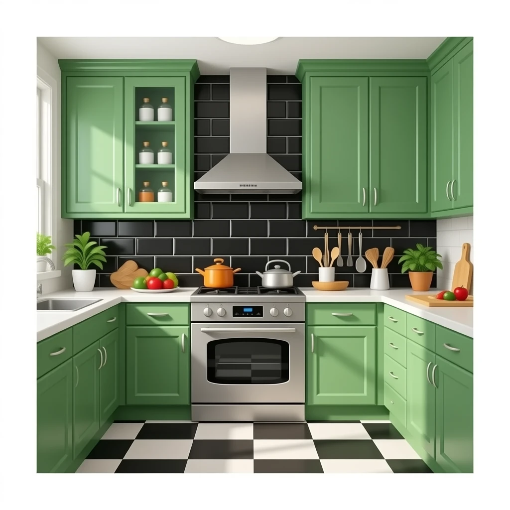 fancy kitchen with black wall tiles and Green cabinets emoji