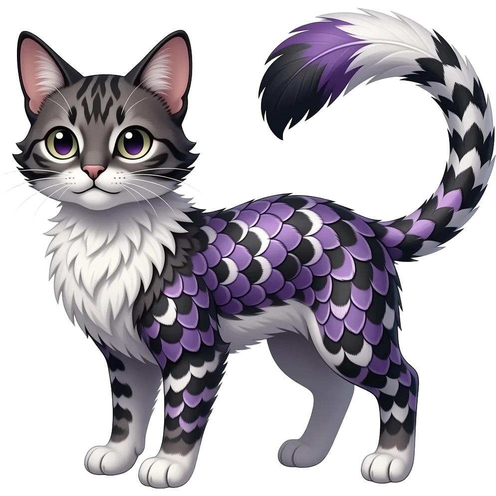 Herringbone-patterned gingham-patterned feathery elegant realistic Furry, feathery fluffy tropical flecked painted feathery scaly, Purple, white, black, Minccino-Bambino-Lykoi-Linoone-Zangoose-fusion-hybrid-animal-Fakémon-creature, full body, thin long sleek scaly tail, intricate markings emoji