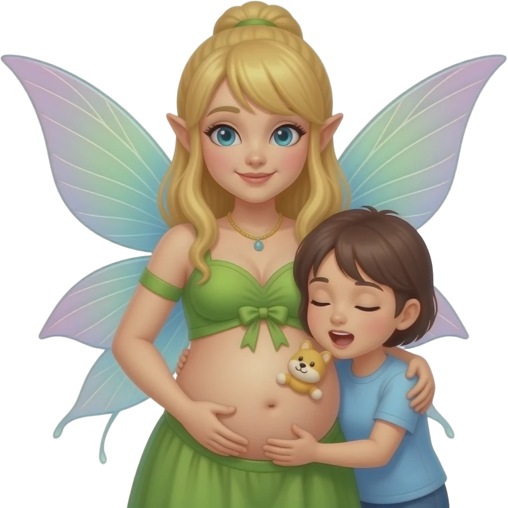 A fairy cradling her stuffed tummy after a big meal,a secret admirer wants to hug her belly and listen to those rumbling digestive noises. emoji