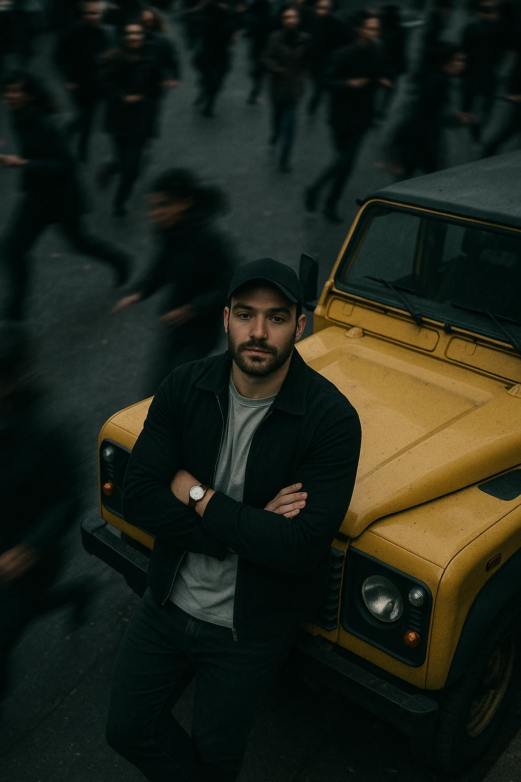 An aerial cinematic shot of me leaning against a yellow land rover defender on the street, wearing a t-shirt under a black jacket. A blurry crowd of people running around me. Gloomy lighting, 35mm film style, shallow depth of field, sharp focus on me.  emoji
