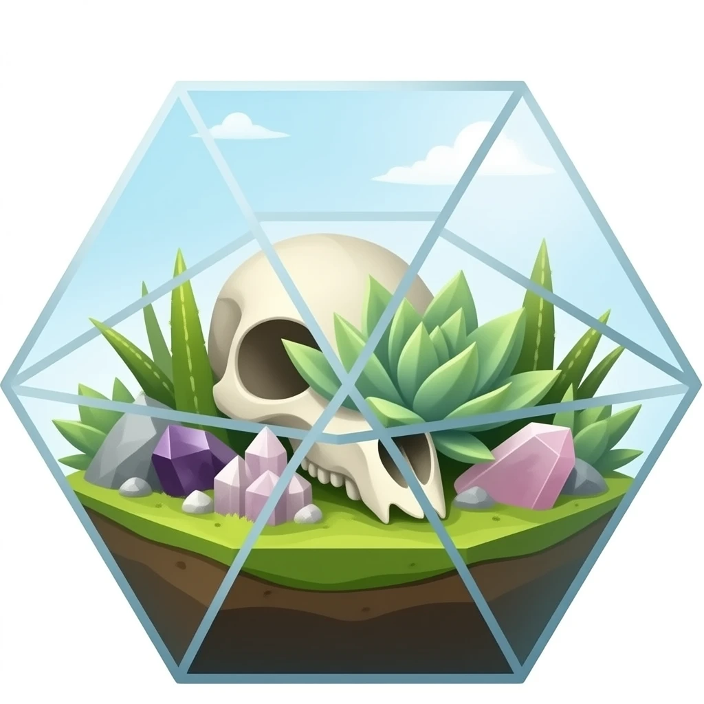 succulent geometrical terrarium with amethyst and rose quartz and marble cluster and animal skull inside emoji