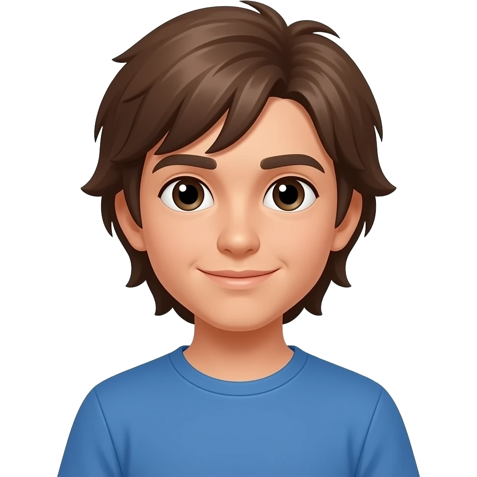 Un garçon qui a la peau beige avec des cheveux longs jusqu'au cou brun et un t-shirt bleu emoji