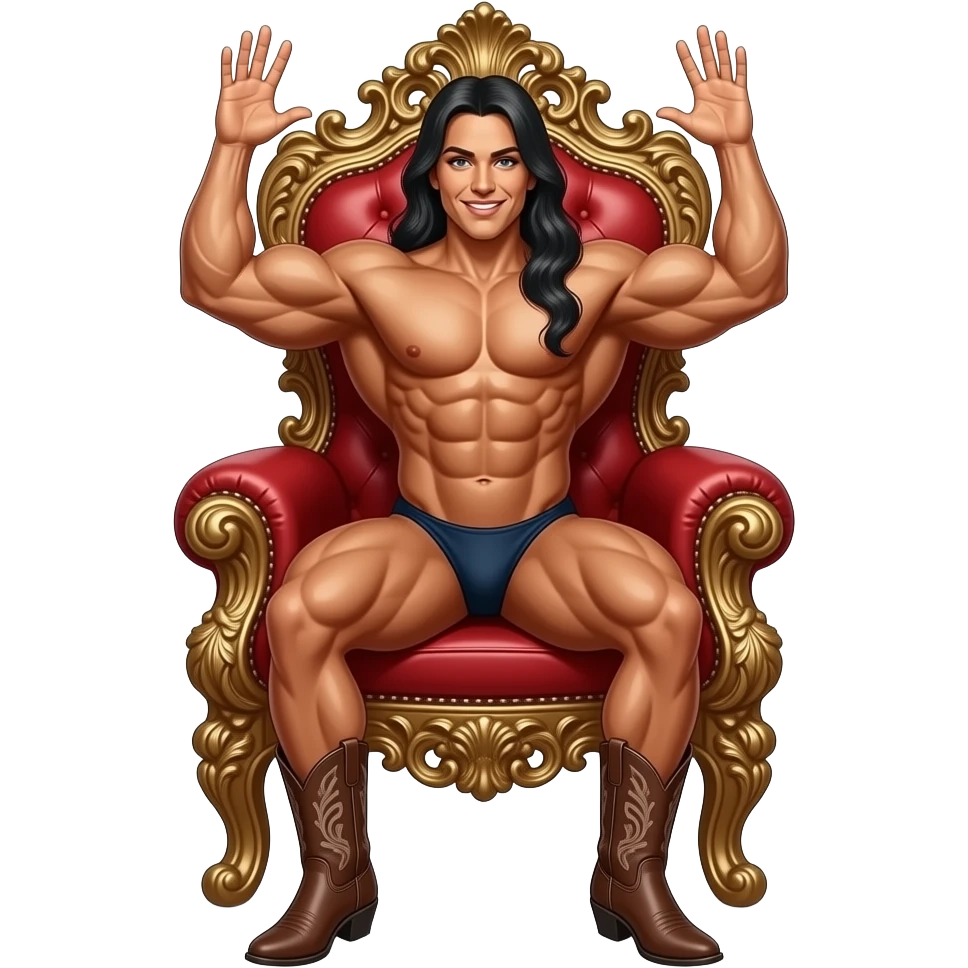 Muscular bodybuilder Lisa Lyon shows off her palms while sitting on a baroque throne, completely naked, wearing only cowboy boots. emoji