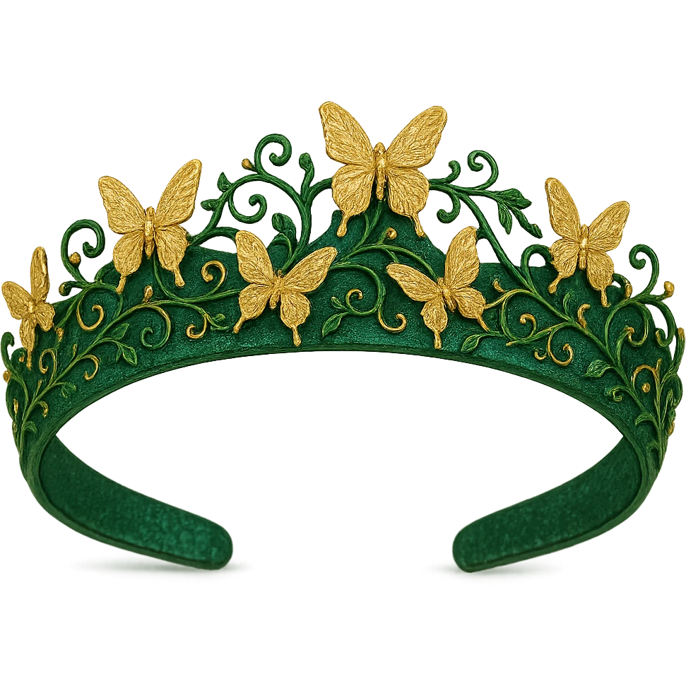 butterfly crown in emerald green with golden butterflies and vine motifs, lush and enchanting emoji