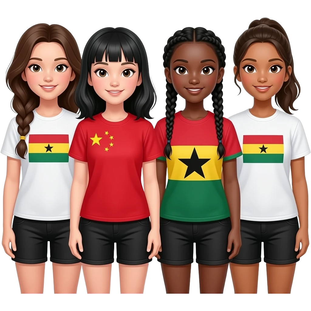 keep the girls the same but put their flags on their shirts and give them all black shorts put a chinese girl and a ghanan girl with them too make the ghanan girl have long braids emoji